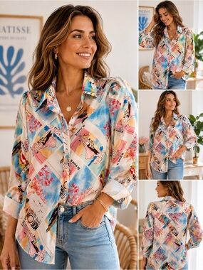 Zeagoo Printed Button-Up Blouse in Pink & Blue